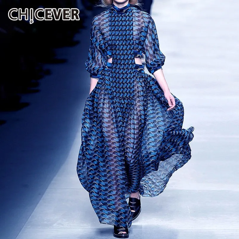 CHICEVER Summer Blue Print Dress For Women Stand Collar Long Sleeve High Waist Hollow Out Midi Dresses Female Fashion 2019 New
CHICEVER Summer Blue Print Dress For Women Stand Collar Long Sleeve High Waist Hollow Out Midi Dresses Female Fashion 2019 New