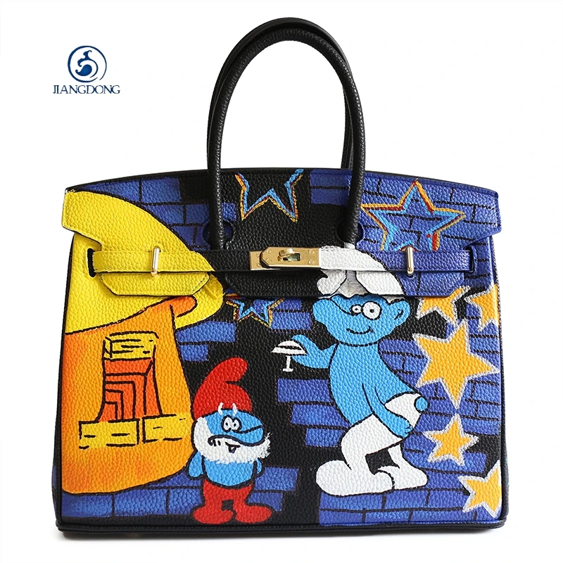 

2017 JIANGDONG Custom Graffiti Handbag Luxury Handbags Women Bags Pu Leather Designer Cartoon Tote Bag Gold Lock Crossbody Bag