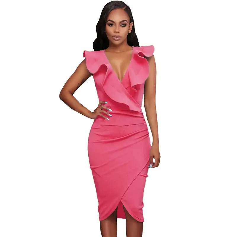 Liva girl 2017 Sexy Deep V Neck Women Bodycon Ruffles Dress Summer Elegant Ladies Pencil Dress Midi Party Dresses (1)