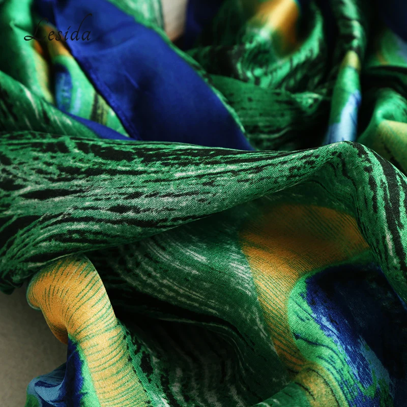 Lesida Элитный бренд Для женщин зеленый шелковый платок Павлин Перо принт Шарфы для