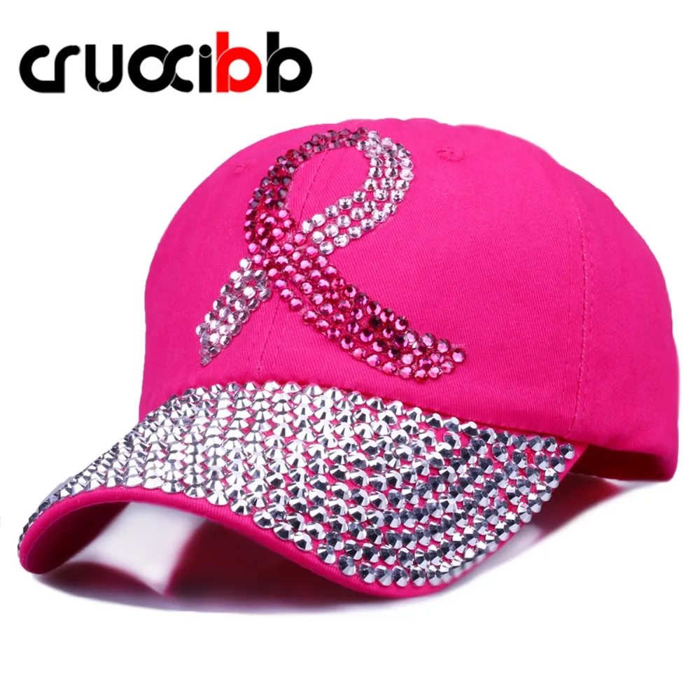 

CRUOXIBB Crystal Baseball Cap for Women Breast Cancer Awareness Ribbon Hat Rhinestone Caps Snapback Rivet New Hat