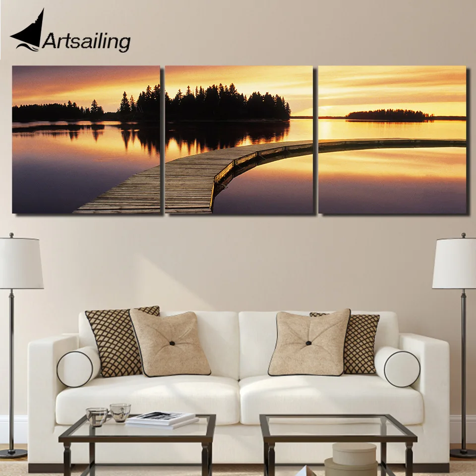 ArtSailing 3 панели Холст стены Искусство закат озеро дерево Пейзаж картина украшение