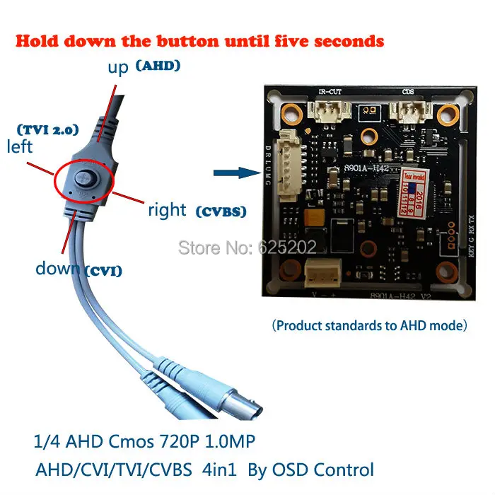 

AHD/CVI/TVI/CVBS 4 in 1 1/4 CMOS Module 720P 1.0MP with OSD function HDI890A+H42