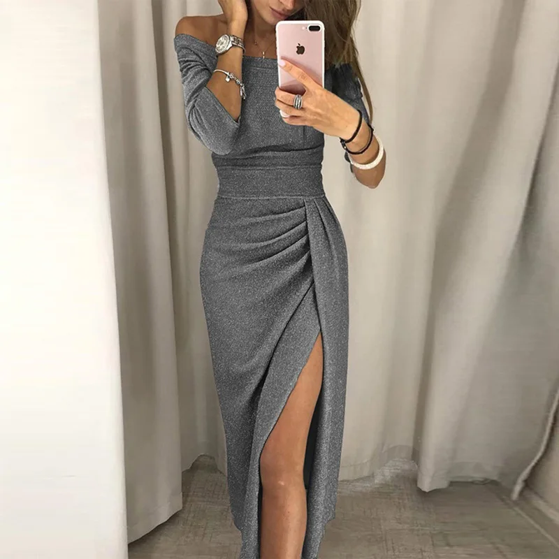 New Elegant Mid-Calf Dress Slash Neck Off Shoulder Vestidos Women Sexy Side Split Autumn Long Sleeve Bodycon Dress Bigsweety
New Elegant Mid-Calf Dress Slash Neck Off Shoulder Vestidos Women Sexy Side Split Autumn Long Sleeve Bodycon Dress Bigsweety