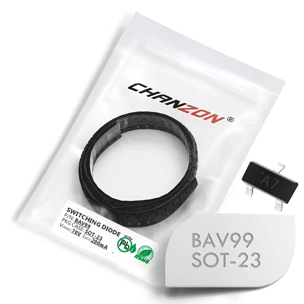 (100 Pcs) BAV99 SMD Small Signal Fast Switching Diodes 200mA 70V SOT-23 (SOT-23-3) 200 mA 70 Volt (Marking A7)
(100 Pcs) BAV99 SMD Small Signal Fast Switching Diodes 200mA 70V SOT-23 (SOT-23-3) 200 mA 70 Volt (Marking A7)