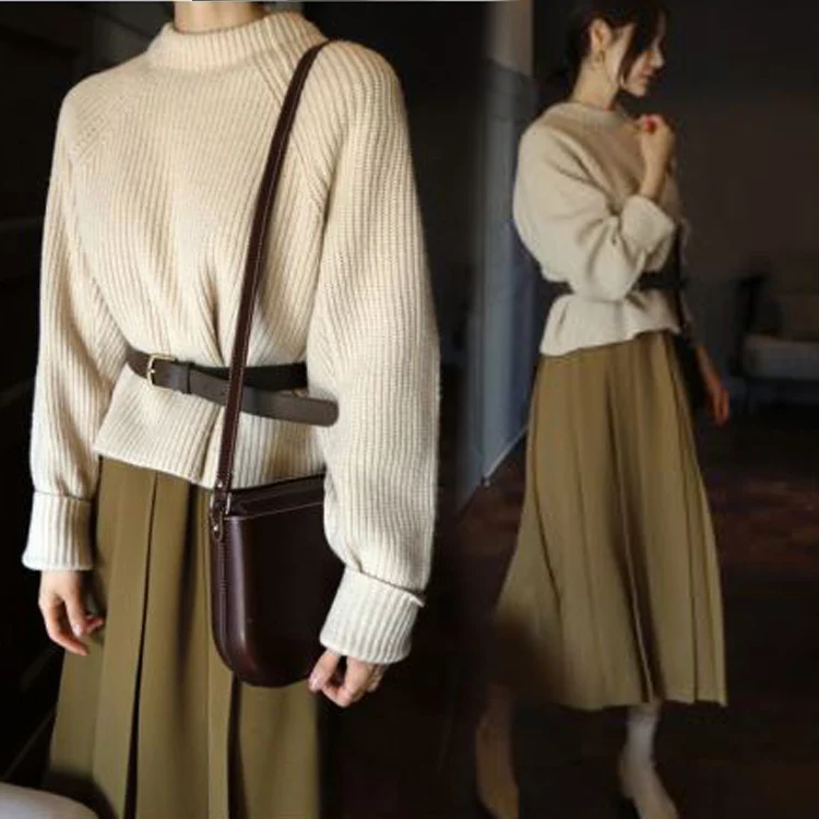 sweater women 2019 White Turtleneck chic Belt Long Sleeve chunky Sweater