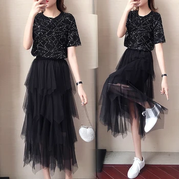 2019 Summer Korean Sequin Two Piece Set Mesh Pleated Lace Women Long Skirt Set Loose Grote Maten Dameskleding 2 Set Woman
2019 Summer Korean Sequin Two Piece Set Mesh Pleated Lace Women Long Skirt Set Loose Grote Maten Dameskleding 2 Set Woman