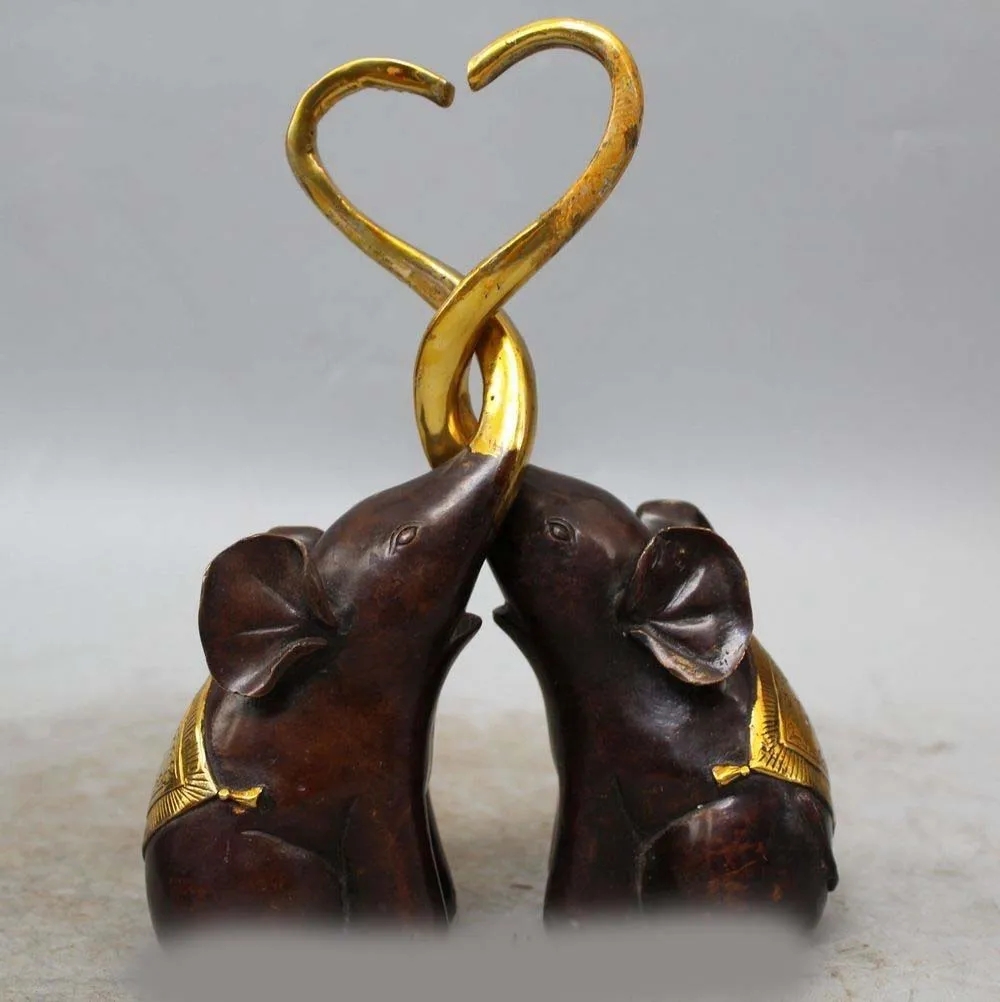 9"Folk China fengshui Bronze Gilt Wealth Auspicious Animal Elephant Statue Pair