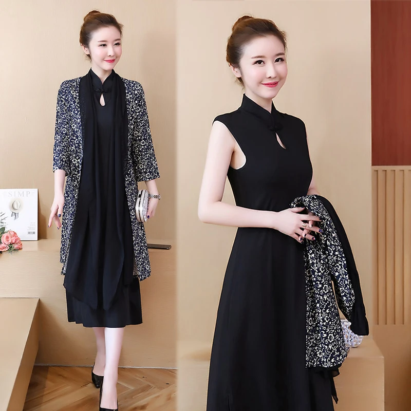 Women 2 piece dress with cardigan plus size elegant vintage Chinese party dresses 2019 spring midi black print floral clothing
Women 2 piece dress with cardigan plus size elegant vintage Chinese party dresses 2019 spring midi black print floral clothing