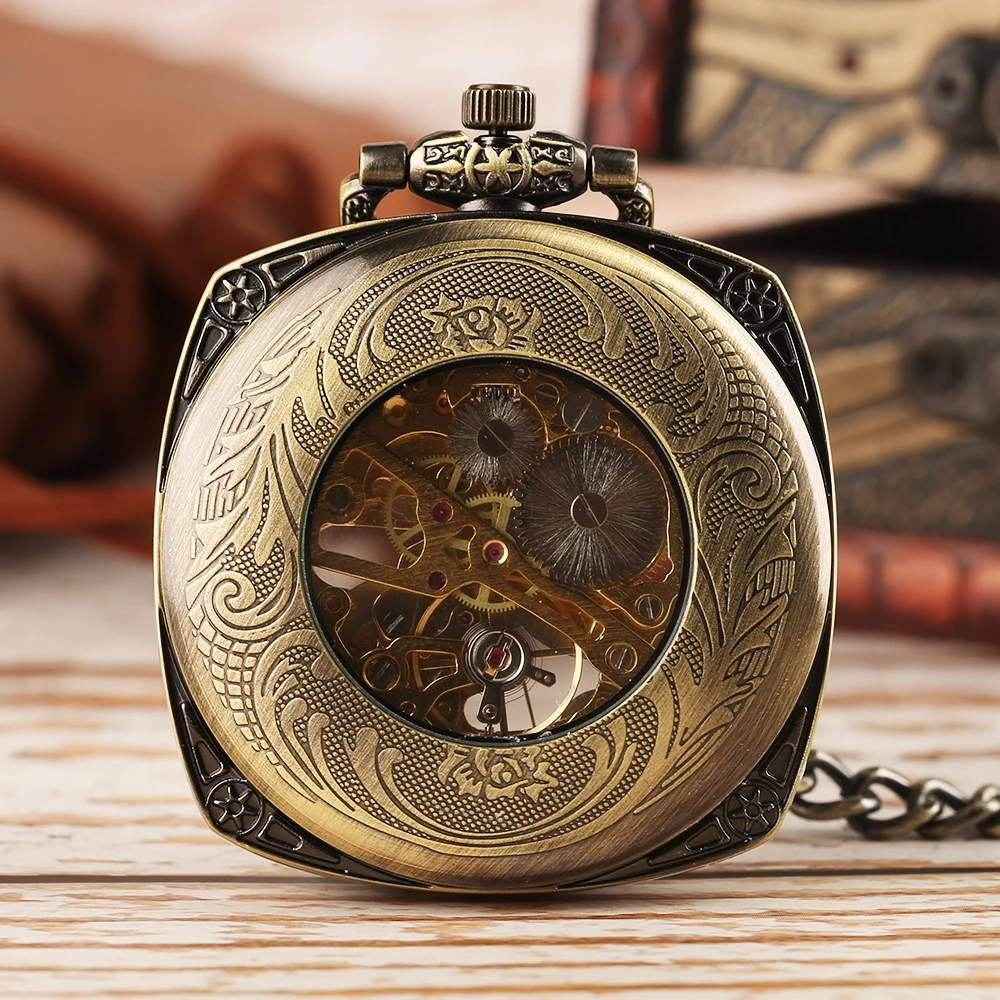 2018 New Arrival Steampunk Skeleton Open Face Hand Wingding Mechanical Pocket Watch Men Women Antique Square Case Creative Watch (8)