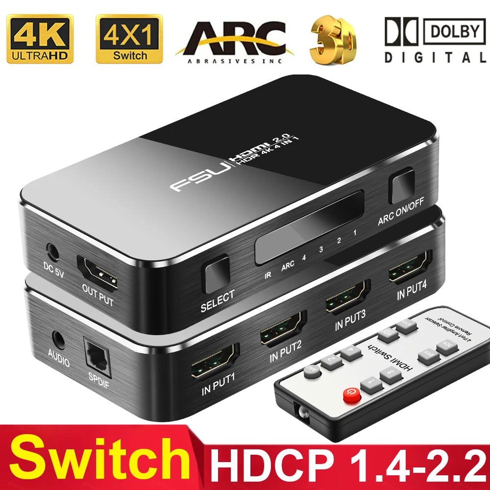 HDMI Switch 2.0 HDR 4K HDMI Splitter 4x1 Audio Extractor ARC with IR Control for XBOX 360 PS4 Laptop HDCP 1.4 HDMI Adapter
HDMI Switch 2.0 HDR 4K HDMI Splitter 4x1 Audio Extractor ARC with IR Control for XBOX 360 PS4 Laptop HDCP 1.4 HDMI Adapter