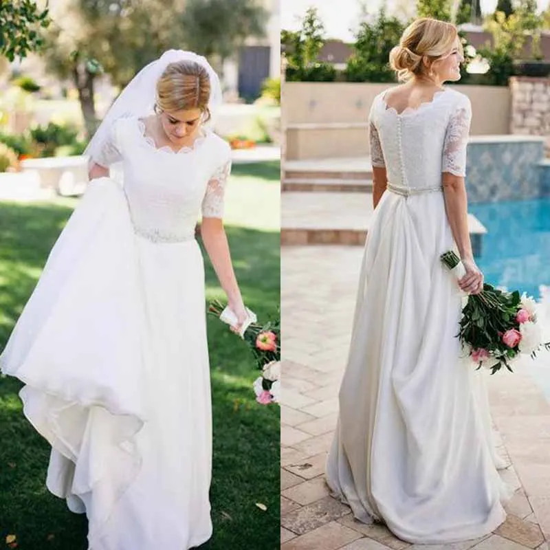 Beach Wedding Dresses Boho 2019 Half Sleeves Lace Chiffon Scalloped Neckline Button Back Country Bridal Gowns Robe De Mariee
Beach Wedding Dresses Boho 2019 Half Sleeves Lace Chiffon Scalloped Neckline Button Back Country Bridal Gowns Robe De Mariee