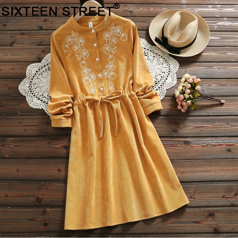 New female corduroy dress A-LINE embroidery flower embroidery O-neck long sleeve yellow mid dresses spring autumn
New female corduroy dress A-LINE embroidery flower embroidery O-neck long sleeve yellow mid dresses spring autumn
