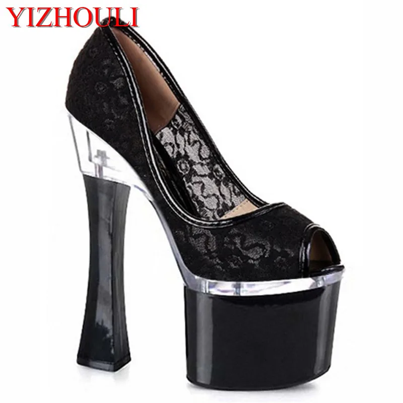 

New European and American nightclubs lace glass and shallow-mouth single shoes 18cm high heel thick heel dance shoes