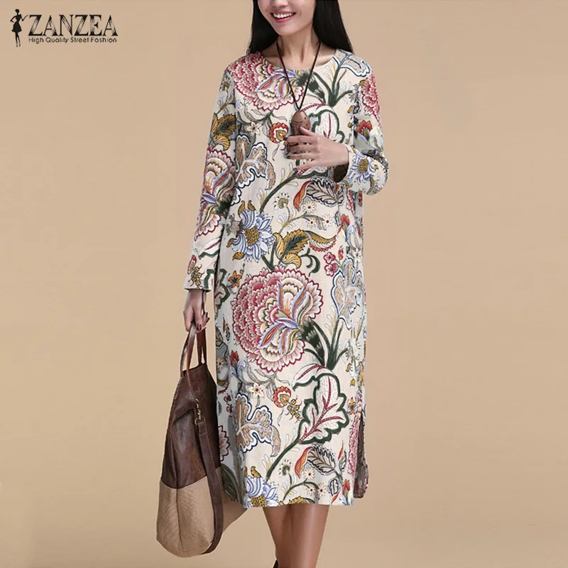 Image ZANZEA Women Vintage Print Dress 2017 Spring Autumn Casual Loose O Neck Long Sleeve Cotton Mid calf Vestidos Plus Size S 5XL