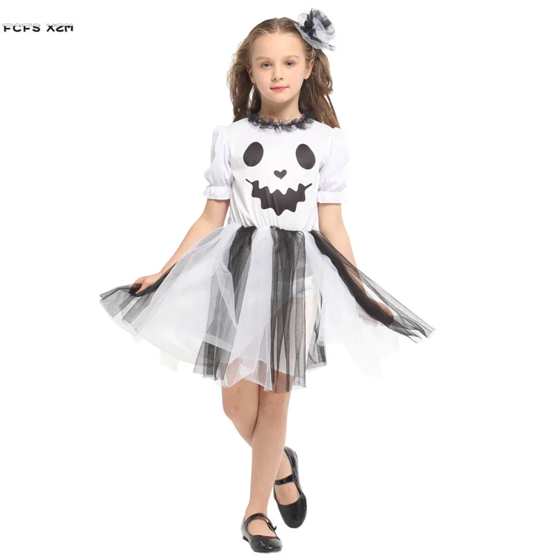 

Girl White Ghost Scary Cosplay Kids Children Halloween Hell Devil Fiend Costume Carnival Purim Stage Play Masquerade Party Dress