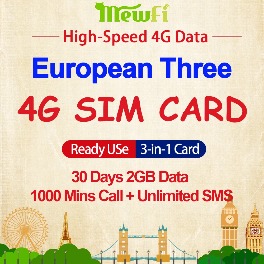 Mewfi Europe Travel Sim Card 30 Days 2GB 4G Data+1000 Mins Call+Unlimited SMS Three Network Mobile Phone Sim Card+Switzerland
Mewfi Europe Travel Sim Card 30 Days 2GB 4G Data+1000 Mins Call+Unlimited SMS Three Network Mobile Phone Sim Card+Switzerland