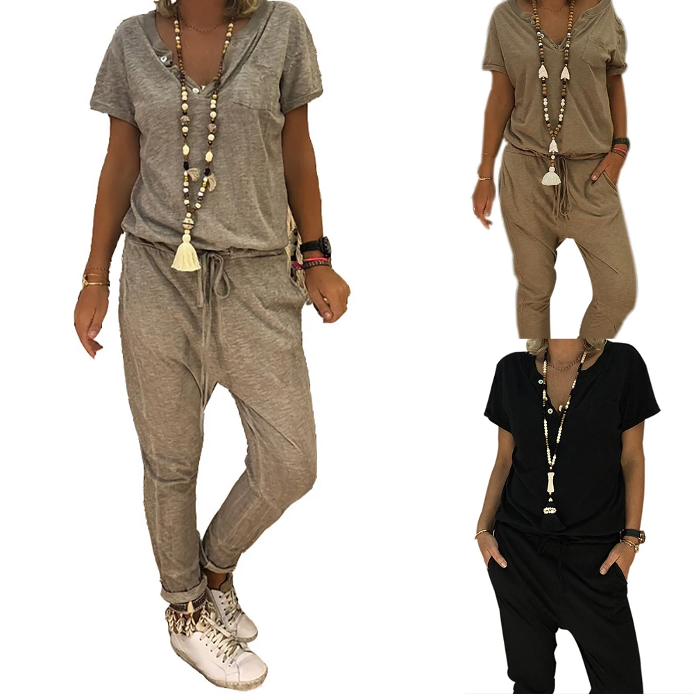 2019 New Women's Jumpsuit Summer Short Sleeve Ladies Jumpsuits Playsuit Casual Womens Loose Solid Color Rompers
2019 New Women's Jumpsuit Summer Short Sleeve Ladies Jumpsuits Playsuit Casual Womens Loose Solid Color Rompers