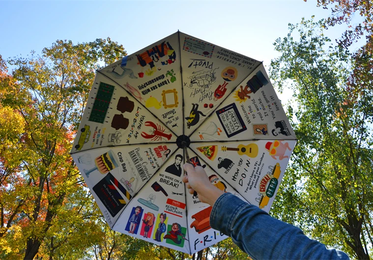 Friends tv show central perk hugsy white dog yellow frame Sunny and rainy umbrella with canvas bag
Friends tv show central perk hugsy white dog yellow frame Sunny and rainy umbrella with canvas bag