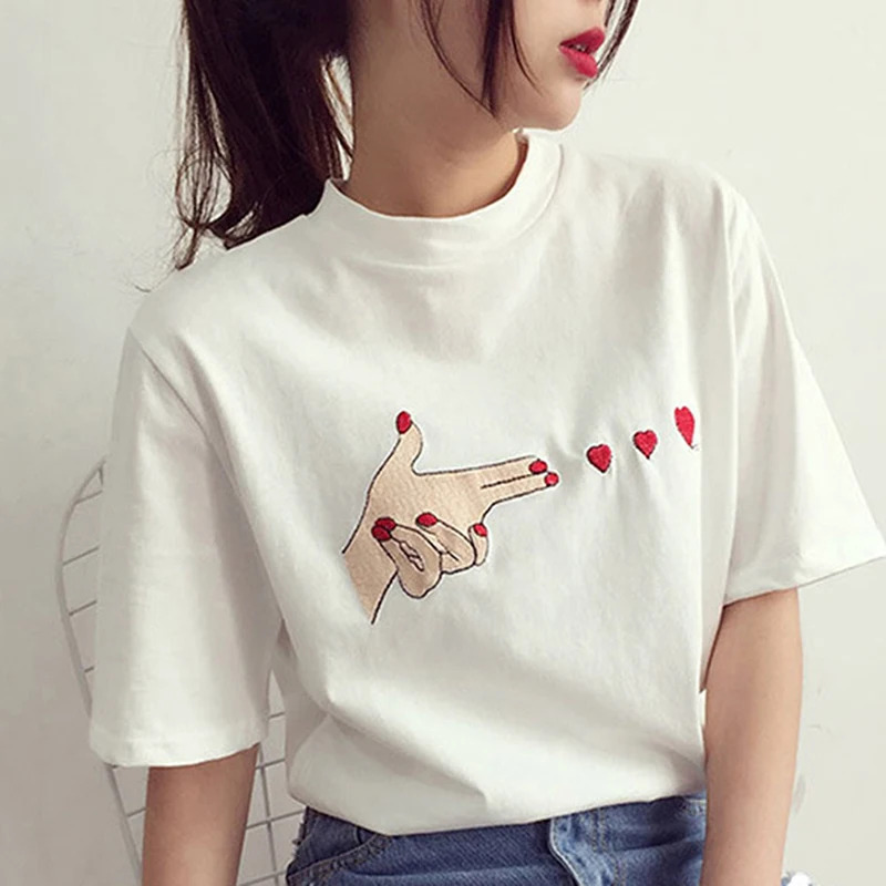 Fashion Finger Heart Women's T-shirts Summer Tops Tees Short Sleeve O-Neck Cotton T-shirt Casual Female T-shirt
Fashion Finger Heart Women's T-shirts Summer Tops Tees Short Sleeve O-Neck Cotton T-shirt Casual Female T-shirt