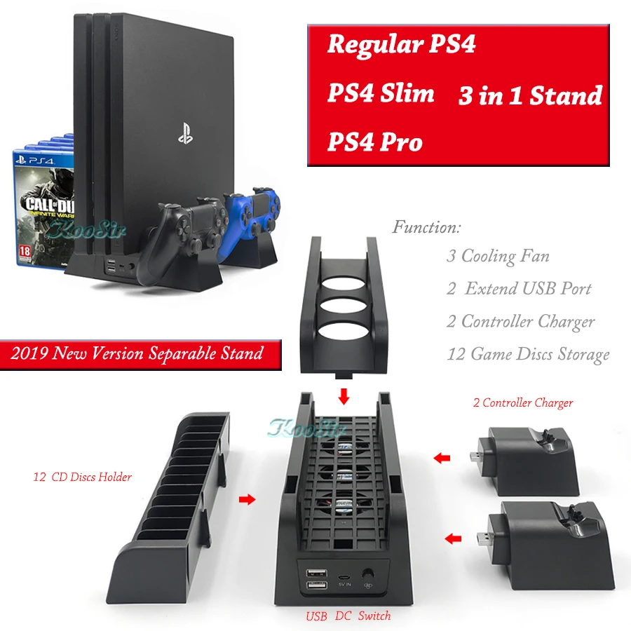 2019 New Version PS4/SLIM/PRO Cooling Fan Stand PS 4 Gamepad Charger Base Game CD Disc Storage for Playstation 4 Console Rack
2019 New Version PS4/SLIM/PRO Cooling Fan Stand PS 4 Gamepad Charger Base Game CD Disc Storage for Playstation 4 Console Rack