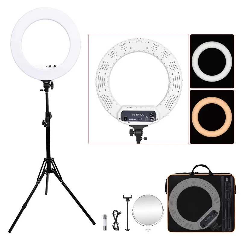 18 inch FT-R480 Bi-color photographic lighting 3200-5800K 48W Led Ring LIght Lamp Tripod Stand Mirror For Phone Camera
18 inch FT-R480 Bi-color photographic lighting 3200-5800K 48W Led Ring LIght Lamp Tripod Stand Mirror For Phone Camera