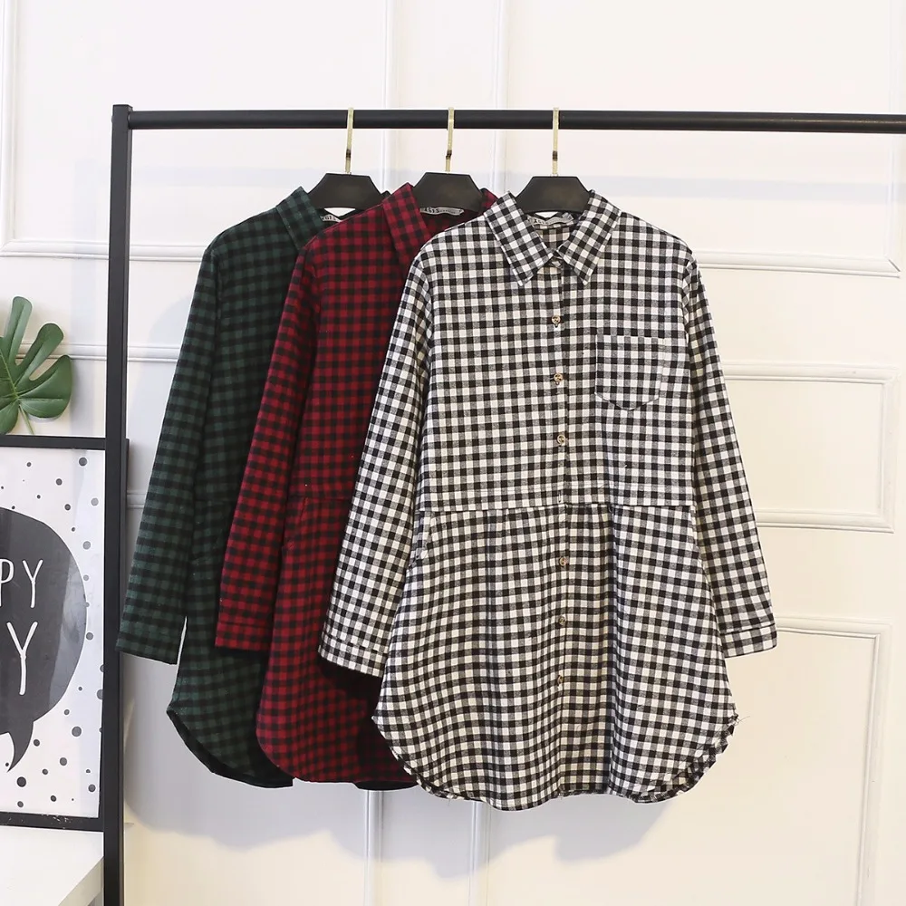 Ubetoku 2018 Spring Women long blouse ladies sleeve shirts cotton plaid lo tops plus size casual women clothing |
