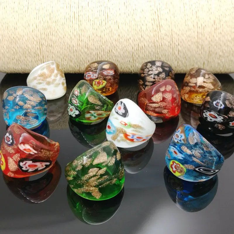 

Wholesale 12Pcs Mix Color Lampwork Glass Murano Rings 17-19mm Band Ring Random mixed model