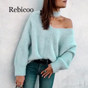Cold shoulder halter knitted sweater female Casual autumn winter sweater women knit Blue pullover jumper pull femme 2019
Cold shoulder halter knitted sweater female Casual autumn winter sweater women knit Blue pullover jumper pull femme 2019