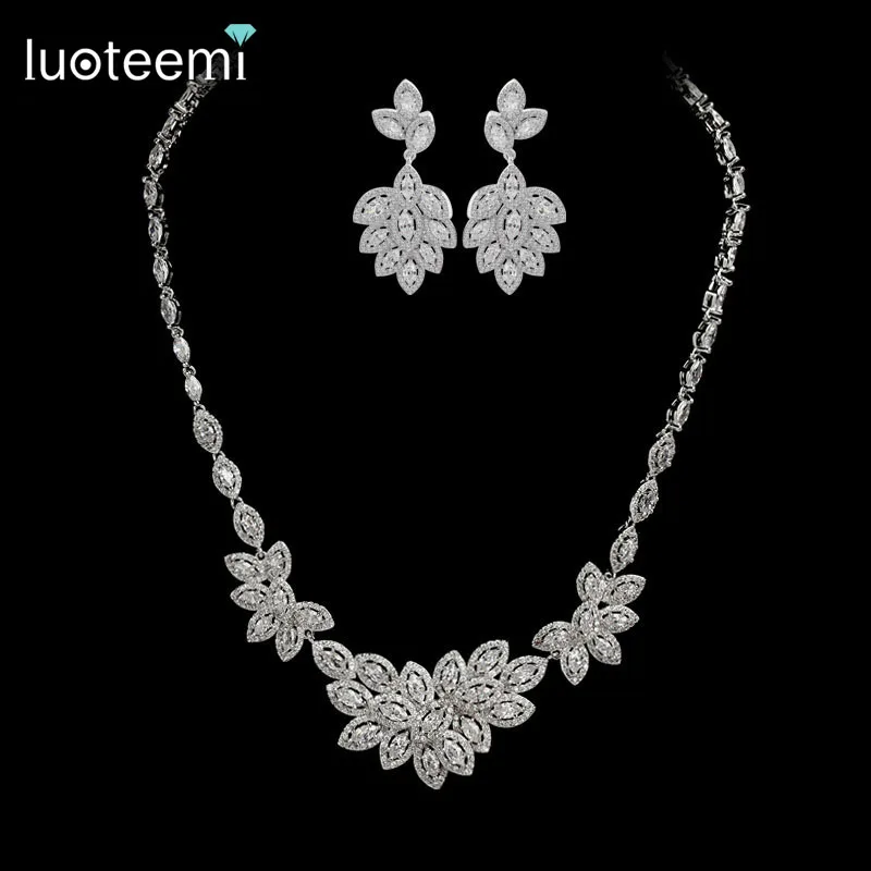 

LUOTEEMI Luxury Zirconia Wedding Bride Engagement Accessories AAA Shining Tiny CZ Bridal Earring Necklace Jewelry Set for Women