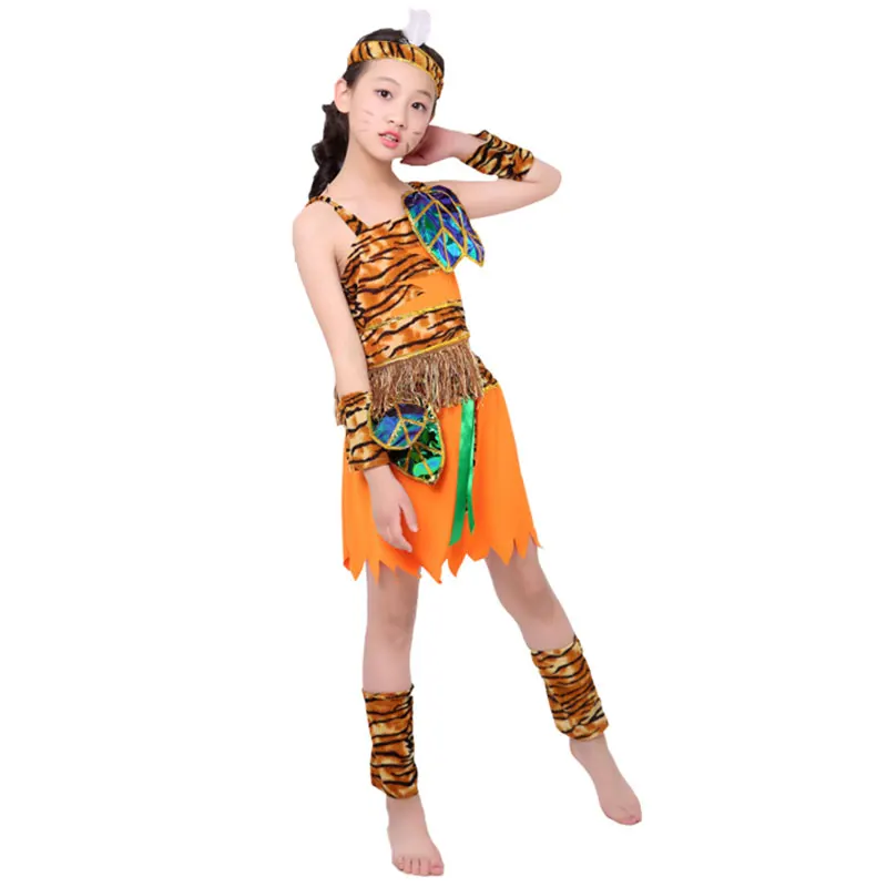 

Halloween Party Cosplay Costume Children Savage Caveman Costumes Boy Leopard African Tribal Hunter Indian Clothing Girl Boy