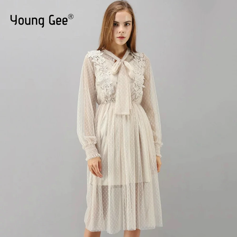 Young Gee Spring Sweet Gauze Lace Pressure Pleated One-piece Dress Women Waist Slim Bow Collar Dresses Twinset vestido de festa
Young Gee Spring Sweet Gauze Lace Pressure Pleated One-piece Dress Women Waist Slim Bow Collar Dresses Twinset vestido de festa
