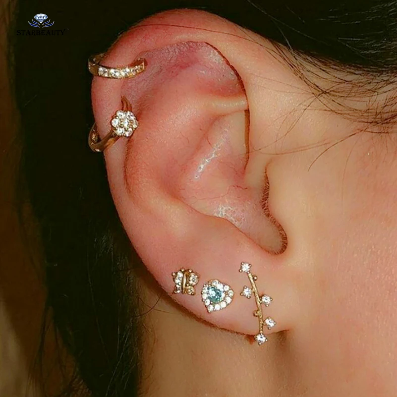 

Starbeauty 5pcs/lot C Heart Crystal Branch Ear Piercing Helix Piercing Tragus Fake Piercing Pircing Bijoux Earrings Nose Ring