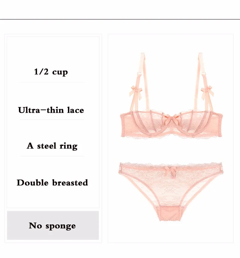 Ultrathin Underwear Set Plus Size 34 36 38 E Cup Sexy Bras Lingerie Lace  Women Transparent Bra Set Pink Brassiere Half Cup White