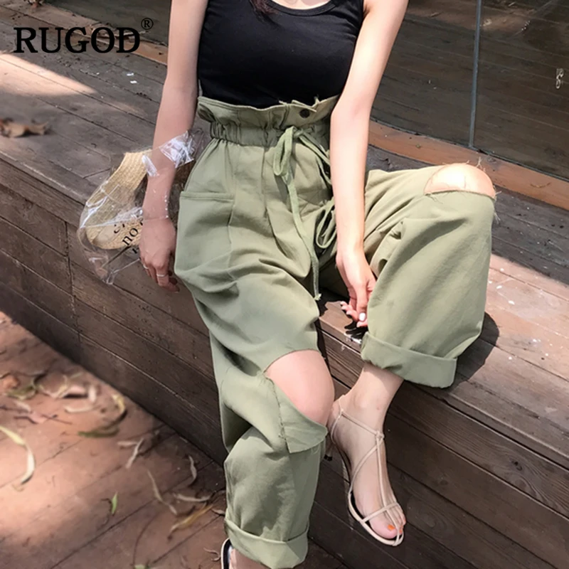 

RUGOD Women High Waist Cargo Pants 2018 Lastest Women Fashion Bud tether Trousers Hole in Knees Female Casual Pantalon Femme