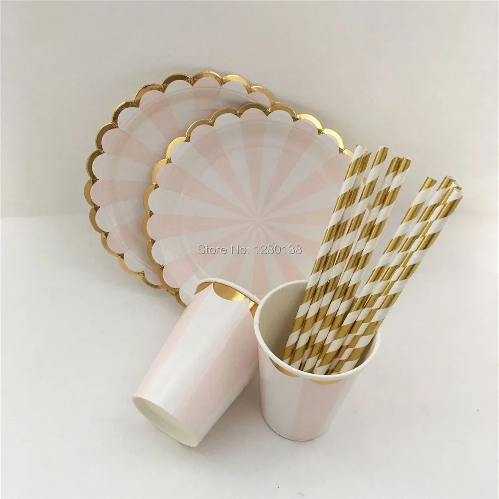 Gold Paper Tableware Pink Striped Dessert Plates Drinking Straws Cupcake Cups Party Napkins for Gold Foil Theme Event Party
Gold Paper Tableware Pink Striped Dessert Plates Drinking Straws Cupcake Cups Party Napkins for Gold Foil Theme Event Party