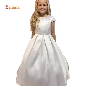 Cap Sleeve A-Line White Satin Flower Girls Dresses Beaded Sequins Child First Communion Dress with Pockets communie jurk D332
Cap Sleeve A-Line White Satin Flower Girls Dresses Beaded Sequins Child First Communion Dress with Pockets communie jurk D332
