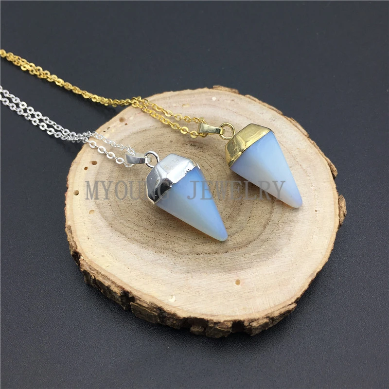 MY0929 Opal Pendulum Cone Pendant Point Opalite Silver Or Gold Chain Necklace (1)