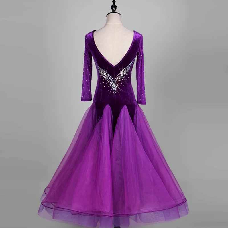 Modern dance dress ballroom dress rhinestones decoration mesh sleeve velvet fabric one piece dress big flare dress hem
Modern dance dress ballroom dress rhinestones decoration mesh sleeve velvet fabric one piece dress big flare dress hem