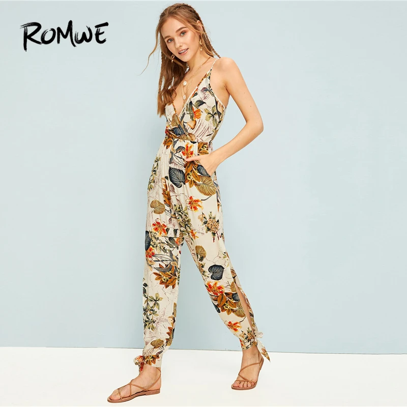 

ROMWE Plants Print Split Knot Hem Cami Jumpsuit Women Summer Wide Leg High Waist Sleeveless Boho Beach Vacation Jumpsuits