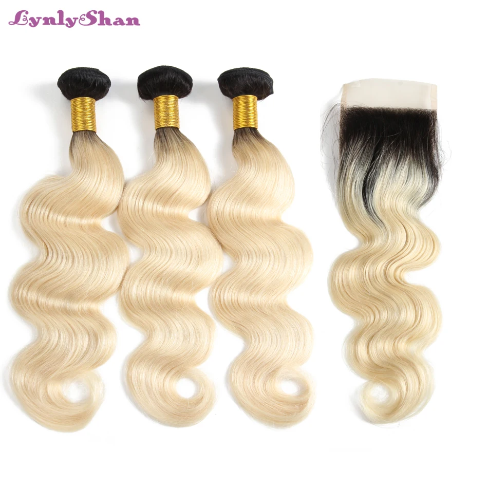 

1B 613 Blonde Ombre Platinum Color 4x4 Lace Closure with 3/4 Bundles Peruvian Body Wave Wavy Human Hair Extensions Lynlyshan