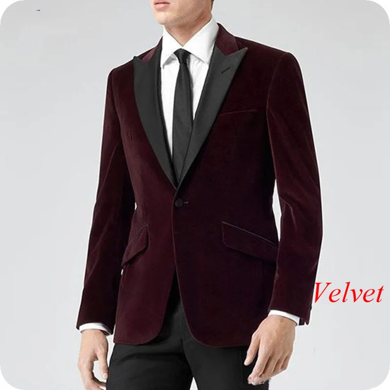 

Smoking Jacket Burgundy Velvet Men Wedding Suits Black Peak Lapel Groom Tuxedo 2Piece Latest Coat Pant Designs Terno Masculino