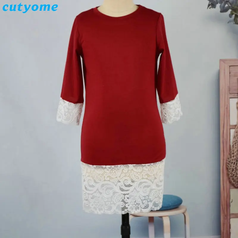 Mommy And Me Family Matching Dress Outfits Lace Patchwork Autumn Christmas Clothes Women Girls Red Wedding Dresses Clothing (6)