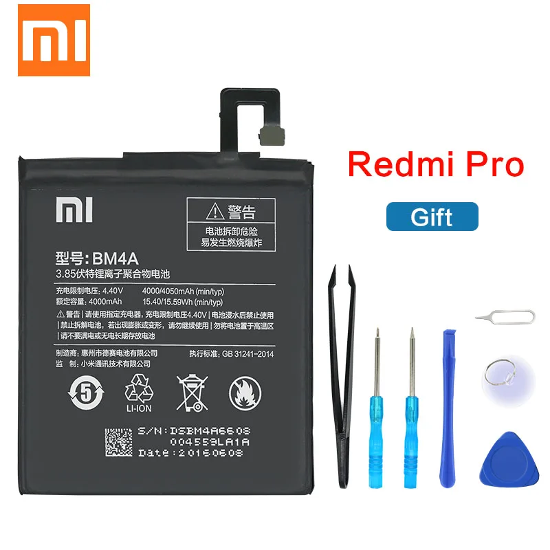 Xiao Mi Original Phone Battery BM4A For Xiaomi Redmi Pro High Capacity Polymer Replacement Battery 4000mAh With Free Tools
Xiao Mi Original Phone Battery BM4A For Xiaomi Redmi Pro High Capacity Polymer Replacement Battery 4000mAh With Free Tools