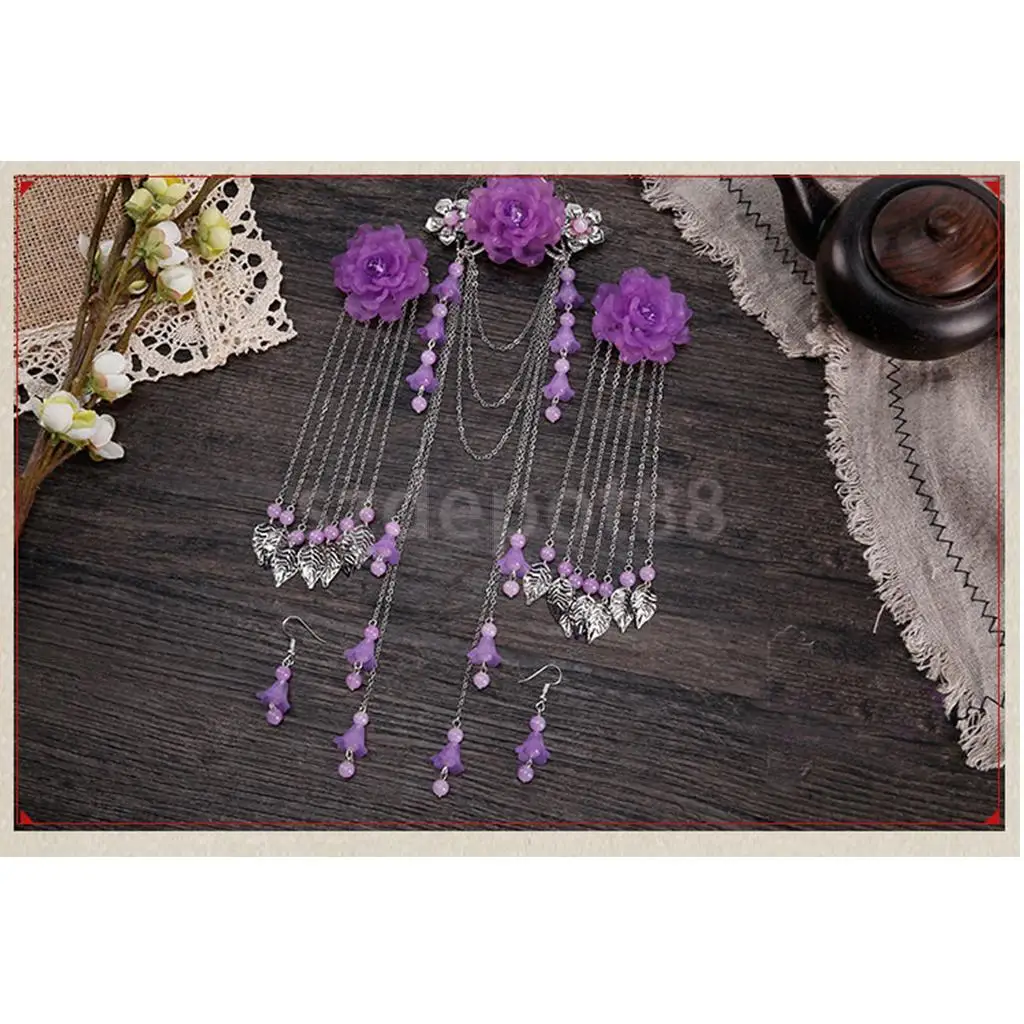 3 Pieces Costume Classic Flower Hair Clip Tassel Hair Barrette for Hanfu COS Hair Ornaments