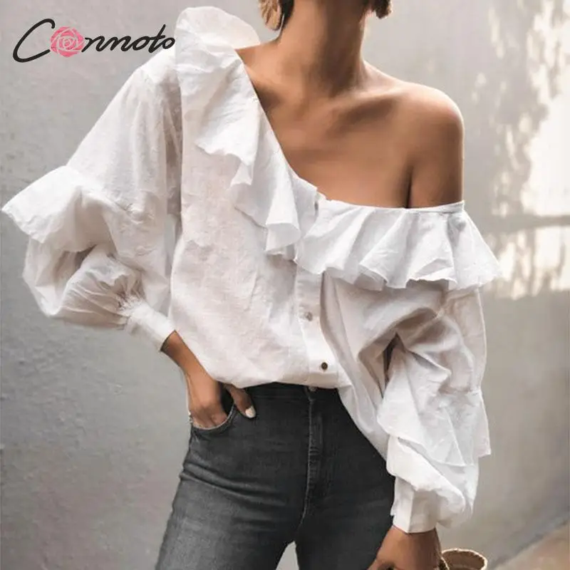 Conmoto Button Long Sleeve Women Blouse Shirt Sexy Ruffle Shoulder Blouse Shirts Autumn Winter 2019 Solid White Blouses
Conmoto Button Long Sleeve Women Blouse Shirt Sexy Ruffle Shoulder Blouse Shirts Autumn Winter 2019 Solid White Blouses