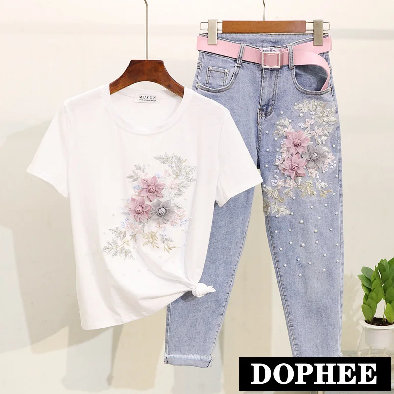2019 New Arrival Summer Women Pearl Embroidery Three-dimensional Floral T-shirt + High-waist Jeans Sets Girl's Two-piece Suit
2019 New Arrival Summer Women Pearl Embroidery Three-dimensional Floral T-shirt + High-waist Jeans Sets Girl's Two-piece Suit