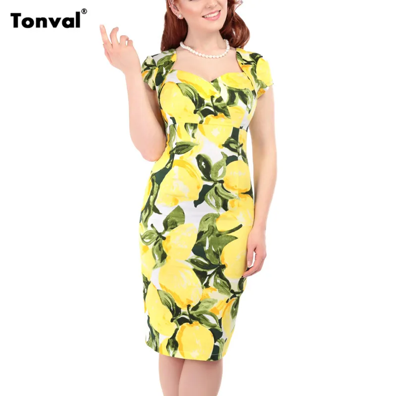 Tonval Women Vintage Lemon Pattern Print Dress Elegant Cap Sleeve Summer Pencil Dress Sexy Vestidos Retro Party Dress
Tonval Women Vintage Lemon Pattern Print Dress Elegant Cap Sleeve Summer Pencil Dress Sexy Vestidos Retro Party Dress