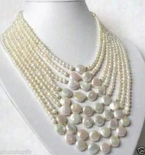 

ddh001510 8 Rows 6-7mm White Natural freshwater pearls 11-12mm Coin Pearl Necklace