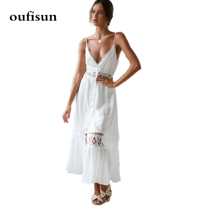 Summer Solid Sleeveless Spaghetti Strap Women Dress Deep V-neck Open Back Sexy Dresses Casual Openwork Split White Dress Female
Summer Solid Sleeveless Spaghetti Strap Women Dress Deep V-neck Open Back Sexy Dresses Casual Openwork Split White Dress Female
